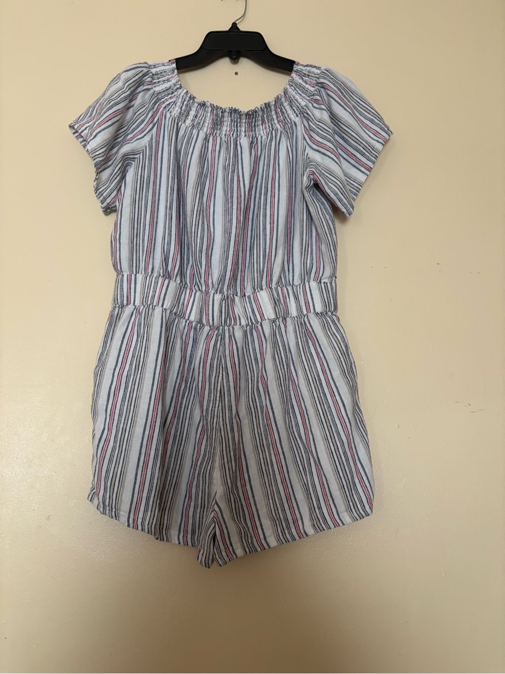 LOFT Striped Off-Shoulder Romper - White, Blue & Pink